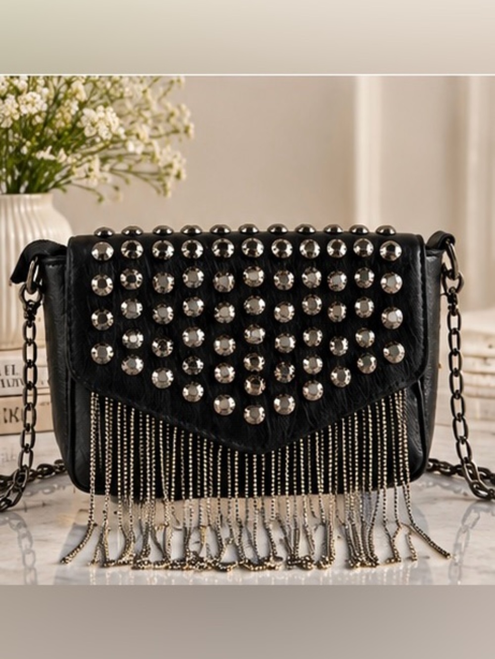 Black Studded Fringe Crossbody Bag